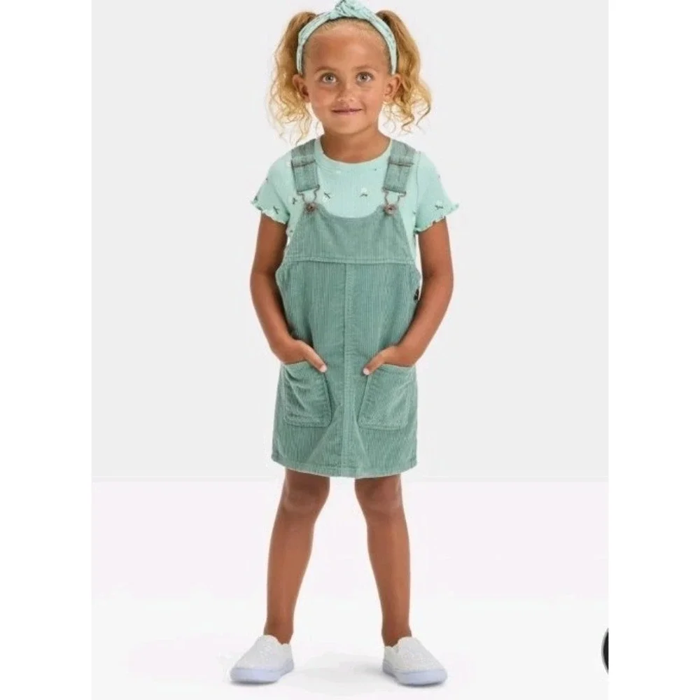 OshKosh B'gosh Girls Green Corduroy Overall Dress w/ Pockets 18 Months School